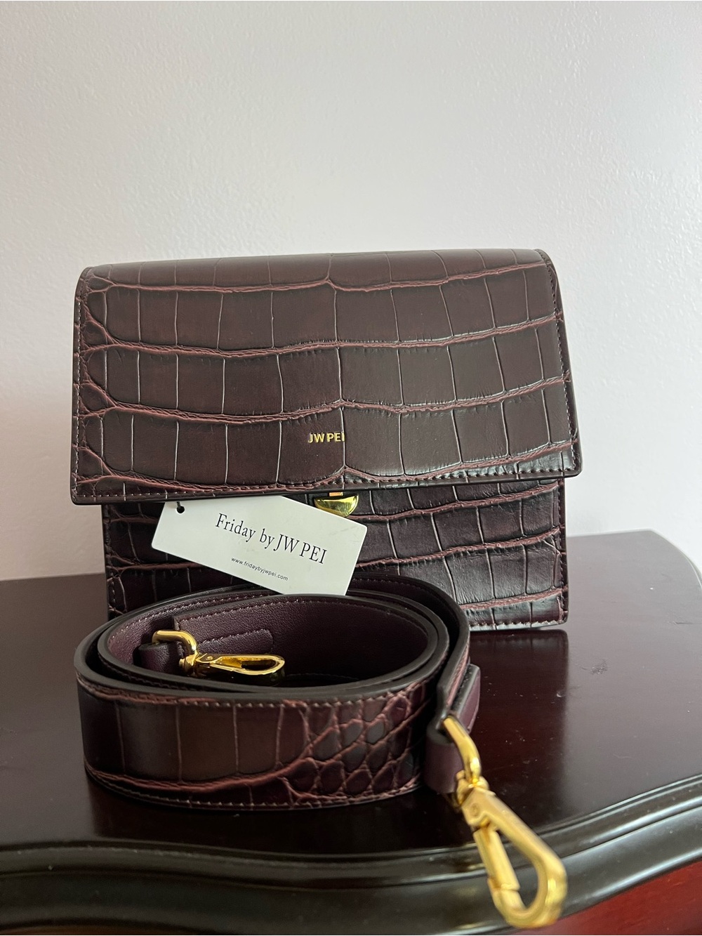 JW PEI Burgundy Croc-Embossed Crossbody with Gold Hardware